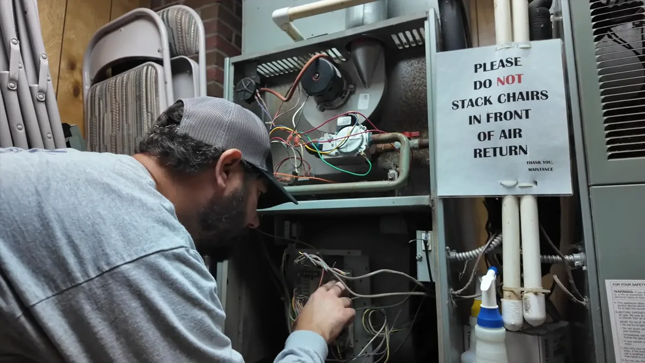 Technician in a baseball cap leaning in to check the wiring at the control board of an open furnace